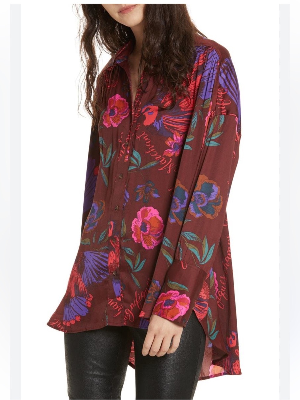 Free People Silky Nights Satin Floral Boxy Blouse Size XS
